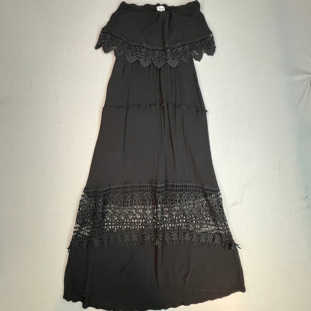 Kismet Black Crochet Lace Strapless Maxi Dress Boho Tiered Rayon XS